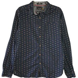 On The Road Mens Size L Button Down Blue Shirt Slim Fit Long Sleeve MIni Foxes